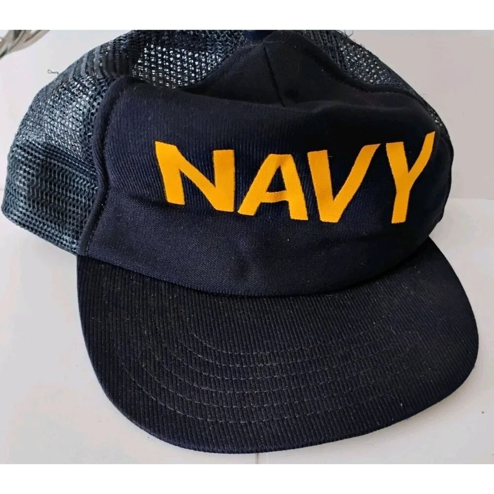 Vintage 80s US Navy Trucker Hat Mesh Snapback Blue Gold Block Letter Military
